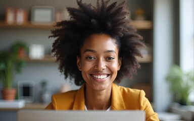 Happy young woman working remotely on a virtual video team meeting call, remote work and flexible culture concept. Inclusive and diverse dei workplace with a blasian african american businesswoman