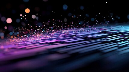 An abstract digital visualization featuring a dark background with glowing bokeh lights and a foreground of geometric, layered shapes illuminated by vibrant pur