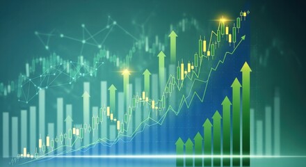 Financial growth chart showing positive market trends with rising arrows and stock market analysis indicators
