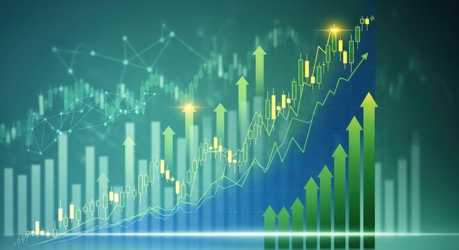 Financial growth chart showing positive market trends with rising arrows and stock market analysis indicators