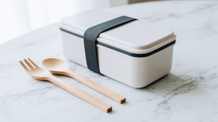 A stylish lunch box sits on a marble table, accompanied by wooden utensils. The neutral colors create a serene atmosphere perfect for enjoying a meal indoors or outdoors