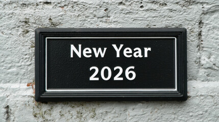 Black wall-mounted plaque with white “New Year 2026” text on a textured background