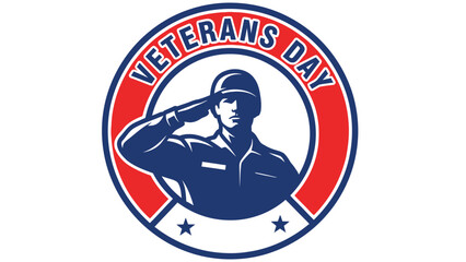 Isolated emblem featuring a heroic soldier silhouette saluting inside a circular patriotic badge, crisp vector edges, bold lines, premium modern design, perfect for Veterans Day branding.