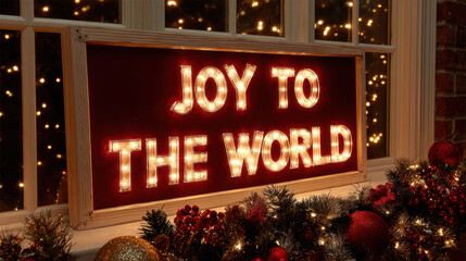 Illuminated Christmas window sign reading joy to the world surrounded by warm lights, garlands and festive holiday decorations