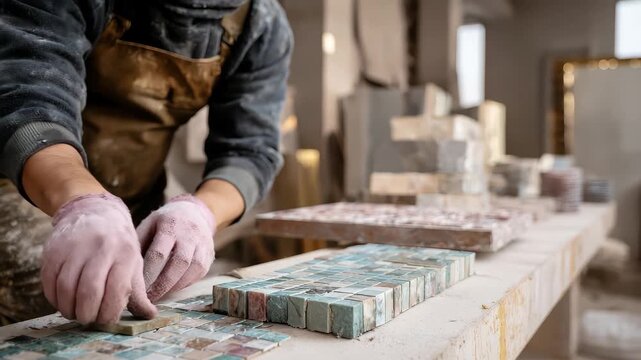 Master craftsman laying intricate mosaic tiles in a workshop environment showcasing skillful artistry and precision