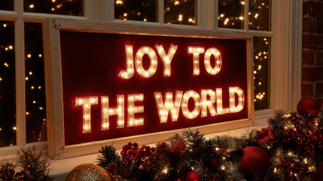 Illuminated Christmas window sign reading joy to the world surrounded by warm lights, garlands and festive holiday decorations - Powered by Adobe