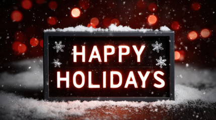 Glowing holiday lightbox with the words happy holidays, snowflakes, falling snow and festive red bokeh lights creating a warm winter atmosphere
