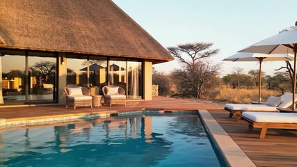Luxury safari lodge private pool deck with thatched roof building and sun loungers overlooking dry savanna landscape at sunset