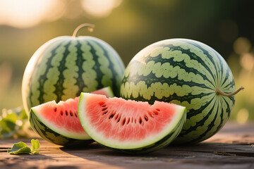 Fresh and juicy whole watermelons and slices.