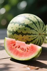 Fresh and juicy whole watermelons and slices.