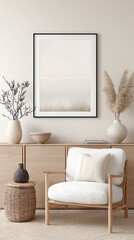 Neutral Tone Living Room Interior with Cozy Chair and Nature Artwork