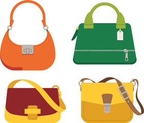 Set of Four Colorful Women's Handbag Illustrations, Flat Design Fashion Accessories Collection, Purse Shopping Luxury Vector Graphic Design Clipart