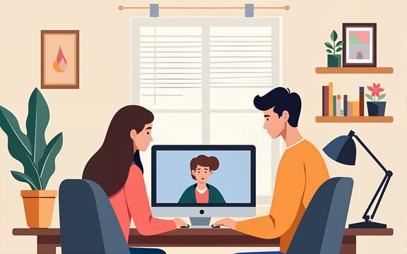 Home education concept. People study at home using a computer. Remote working. Video conference on laptop computer. Work from home and work from anywhere conceptVector illustration. High quality