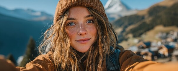 Young woman enjoying a scenic mountain view and capturing a cheerful selfie