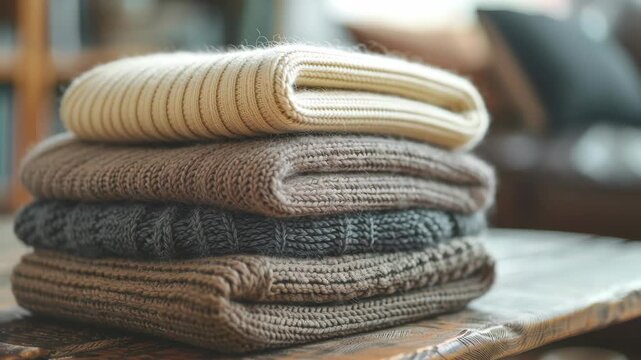 A stack of four folded items with different textures and colors sitting on a wooden tabletop. The topmost item has a light brown color while the others vary in shades from dark gray to black.
