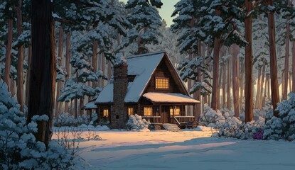 A cozy cabin nestled in a snowy forest, chimney and roof covered in white snow, lights on inside, tranquil winter scene, forest in background.