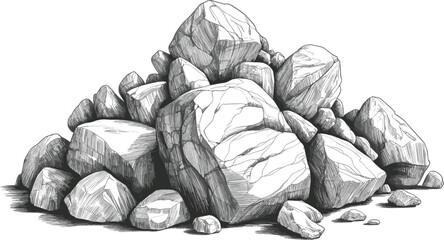 Detailed Rock Pile Sketch Illustration, Heap of Stones Vintage Engraving Texture, Geology Nature Landscape Construction Vector Graphic