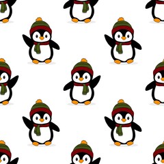 Seamless pattern on a white background with a cute cartoon penguin in a colorful hat and scarf