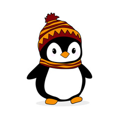 cute cartoon drawn penguin in a colored hat and scarf, isolated, transparent background, png