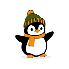 cute cartoon drawn penguin in a colored hat and scarf, isolated, transparent background, png