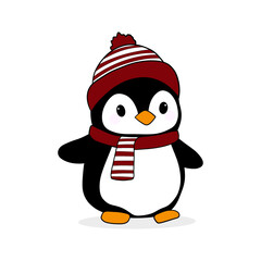 cute cartoon drawn penguin in a colored hat and scarf, isolated, transparent background, png