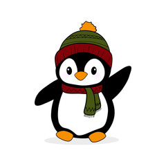 cute cartoon drawn penguin in a colored hat and scarf, isolated, transparent background, png