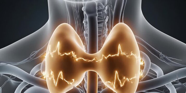 Anatomical illustration of the thyroid gland with electrical activity highlighted.