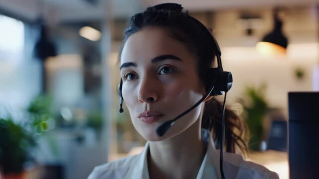 A woman in an office wearing headphones.