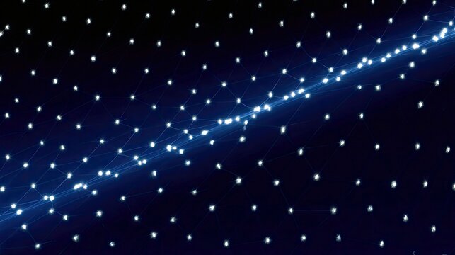 An abstract digital visualization of a network of interconnected glowing blue dots against a dark background, suggesting data flow or connections. - Powered by Adobe