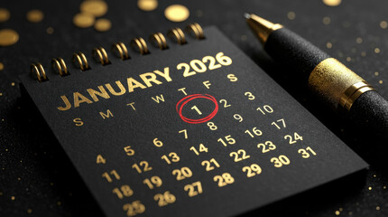 Elegant black desk calendar showing January 2026 with the 1st circled in red. Luxury business concept for New Year planning with a gold pen and festive glitter background.
