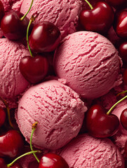 Delicious Cherry Ice Cream Scoops with Fresh Cherries Close Up View