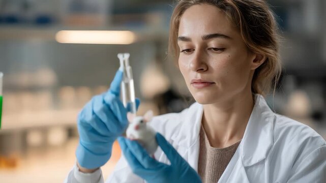 Scientist evaluates a laboratory mouse as part of her research on genetic mutations in a modern lab setting