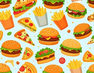 Delicious fast food pattern with burgers and pizza