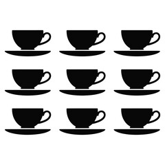 Grid of nine black coffee cups and saucers collection