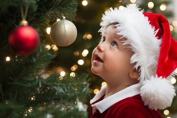 Adorable Baby Dressed as Santa Gazing at Christmas Tree Ornaments with Delight and Wonder, celebrating the magical holiday season.