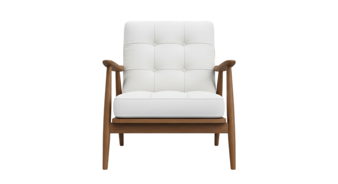 Tufted white armchair, with wooden frame and arms front view, isolated on transparent background, cutout, PNG - Powered by Adobe