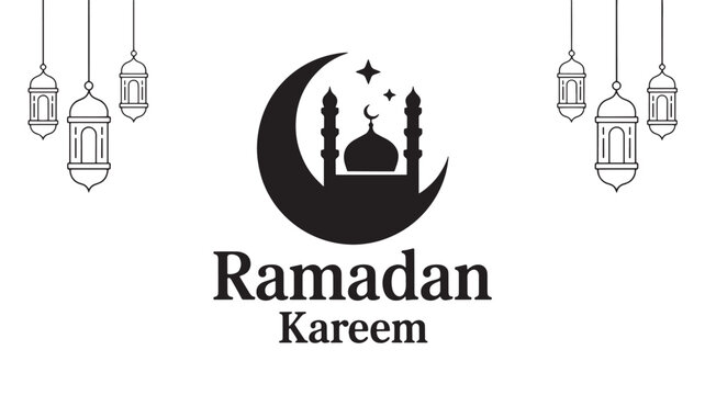 Ramadan kareem greeting card design with crescent moon and mosque silhouette - Powered by Adobe