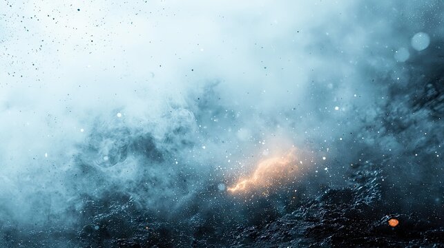An abstract scene featuring swirling blue and white smoke, dark textured ground, and bright orange light streaks with scattered particles and bokeh.