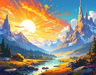 Stunning mountain landscape at vibrant sunrise