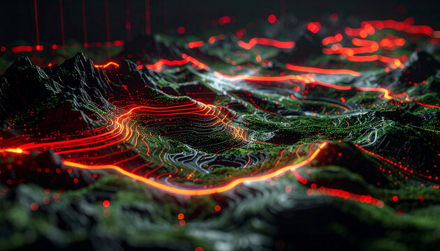 3D abstract map with contour lines, infinite terrain wave graph, olive green and black topographic background, steel gray grid.