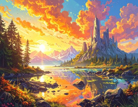 Fantasy castle landscape at sunset with lake view - Powered by Adobe