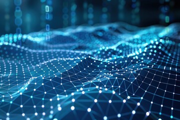 A vibrant, abstract digital network composed of interconnected nodes, presented in a captivating blue-toned pattern. Represents connectivity, innovation, and complex systems.