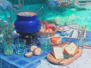 sketch style by color pencils, traditional food still life, fondue