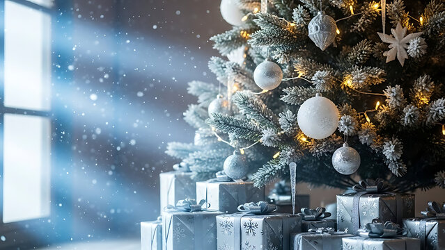 Sparkling Christmas tree, white ornaments, warm lights, elegant gifts. Soft window light, falling snow, magical serene winter holiday atmosphere