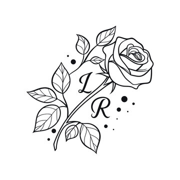 Elegant rose branch with monogram letters l and r and scattered dots