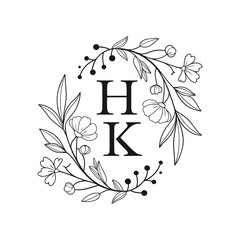 Elegant black and white floral monogram featuring the letters h and k © jubayer71