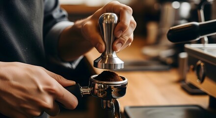 Barista pressing coffee grounds with tamper for espresso preparation.
