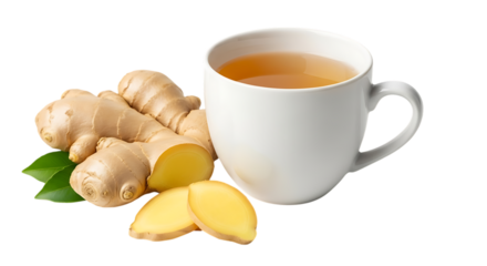 Fresh ginger roots and slices, next to a white mug filled with golden ginger tea, isolated on transparent background, cutout, PNG
