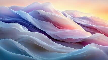 An abstract, flowing landscape with undulating forms in soft pastel shades of blue, purple, pink, and yellow, illuminated by gentle, warm light.