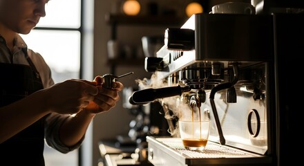 Barista skillfully preparing a fresh espresso shot in a modern coffee shop.